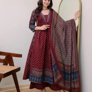 KLOSIA Women's Rayon Printed Anarkali Kurta and Pant with Dupatta Set