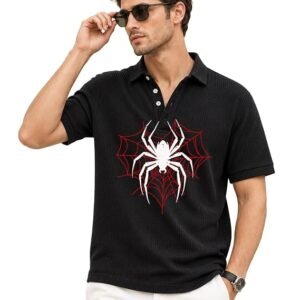 AUSK Men's Spider Printed Polo T-Shirt || Waffle Textured Half Sleeve Button Collar T Shirt for Men || Regular Fit Casual Outfit Tee || Stylish Tshirt for Mens