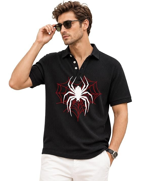 AUSK Men's Spider Printed Polo T-Shirt || Waffle Textured Half Sleeve Button Collar T Shirt for Men || Regular Fit Casual Outfit Tee || Stylish Tshirt for Mens